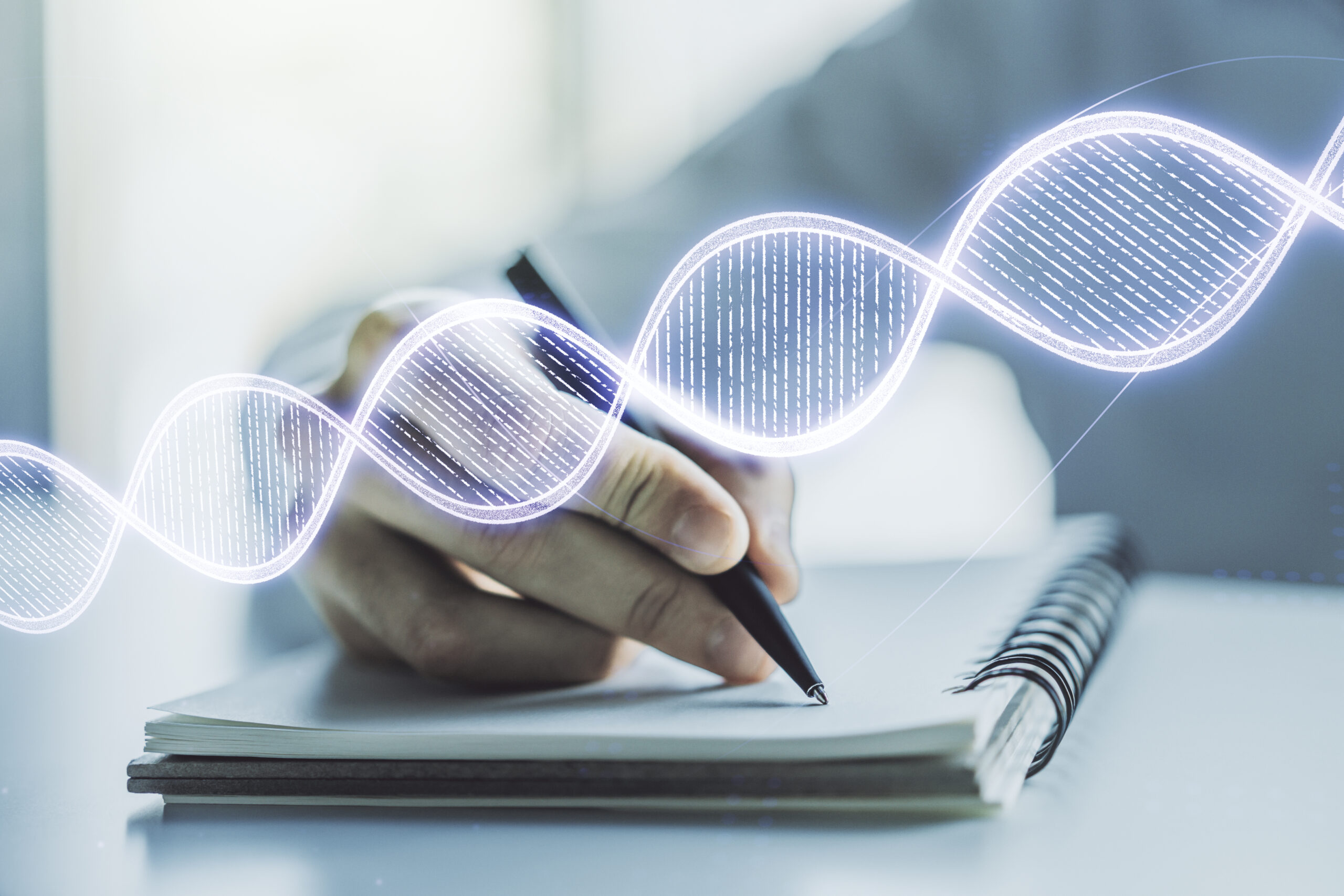 Creative light DNA illustration and man hand writing in diary on background, science and biology concept. Multiexposure